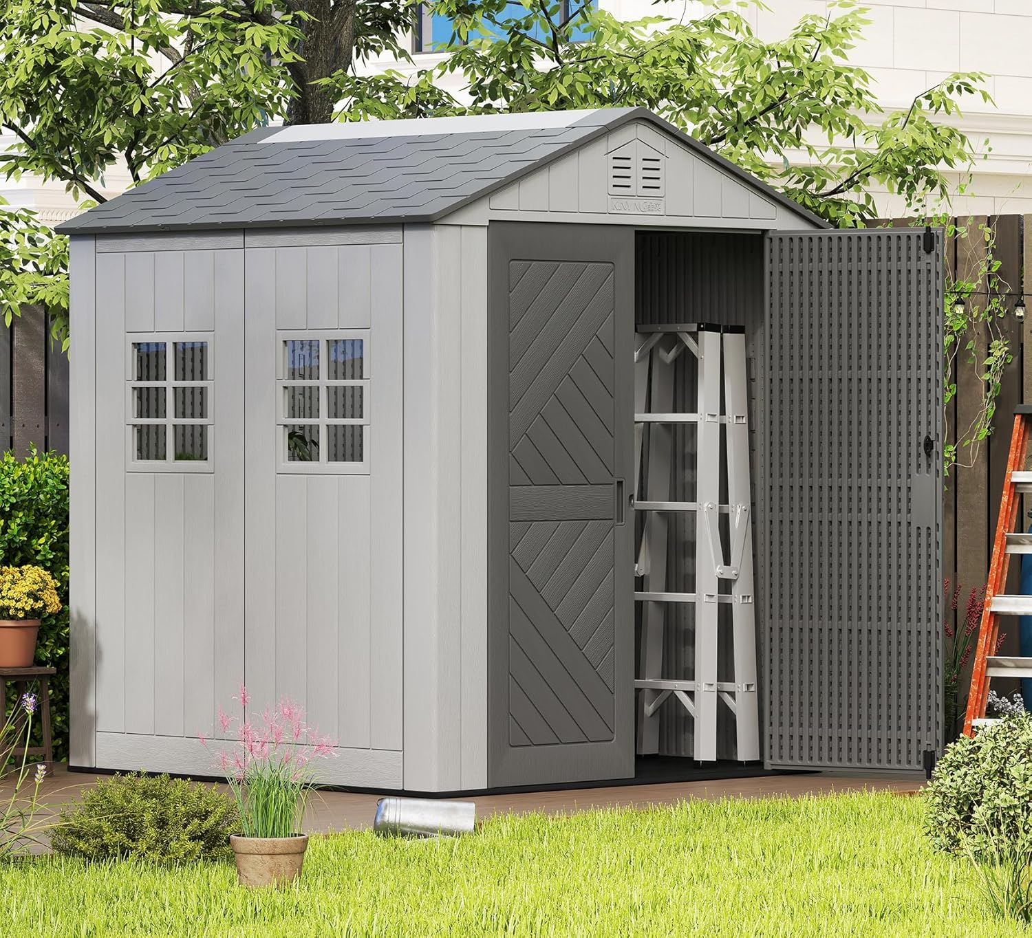 HOMSPARK Outdoor Storage Shed 6x6 Ft  All-Weather Resistant Resin Garden Sheds & Outdoor Storage Clearance with Floor & Windows  Double-Layer Plastic Tool Sheds for Patio  Garden & Lawn (Grey)