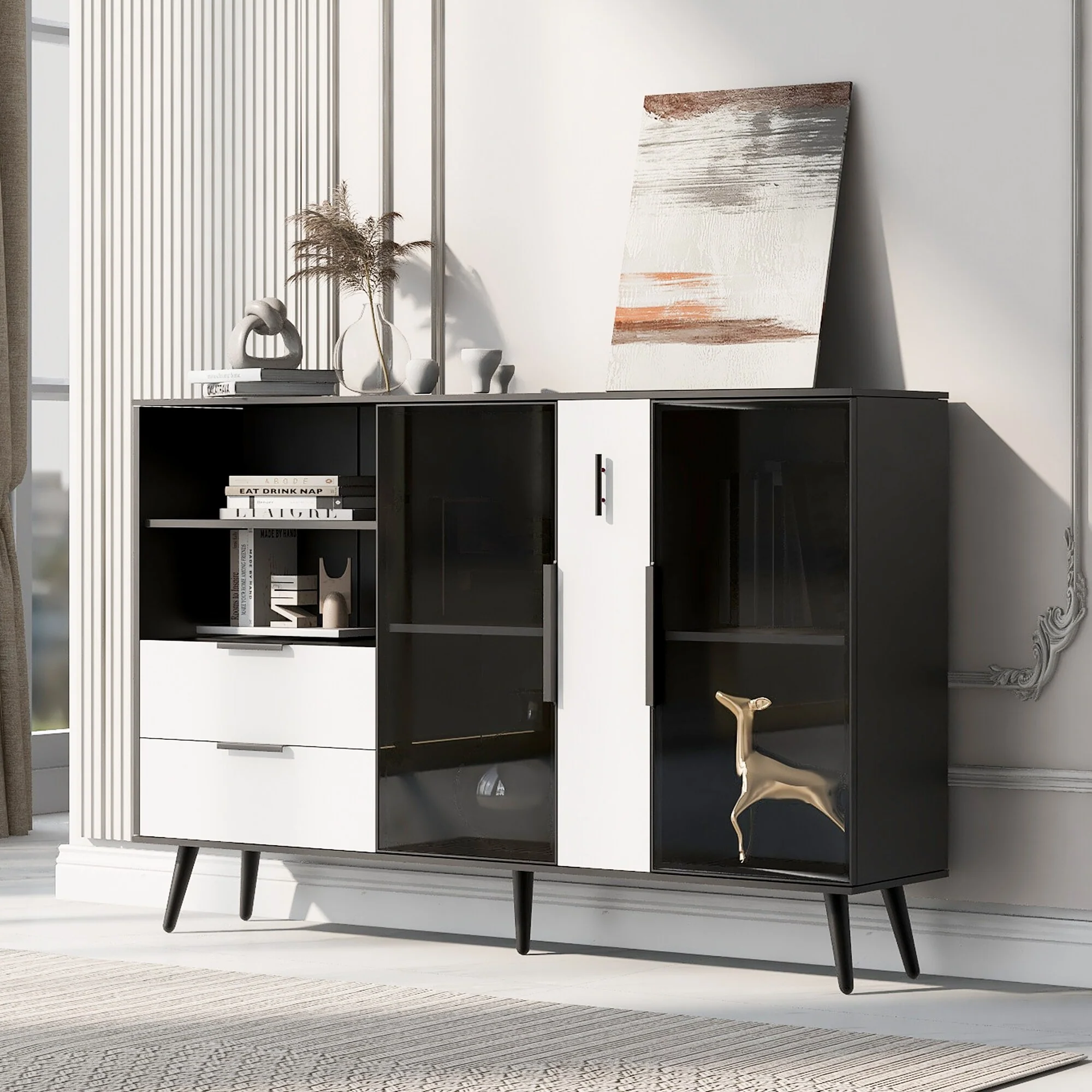 Modern Two-door Cabinet with Storage Shelves, Two Drawers and Metal Handles