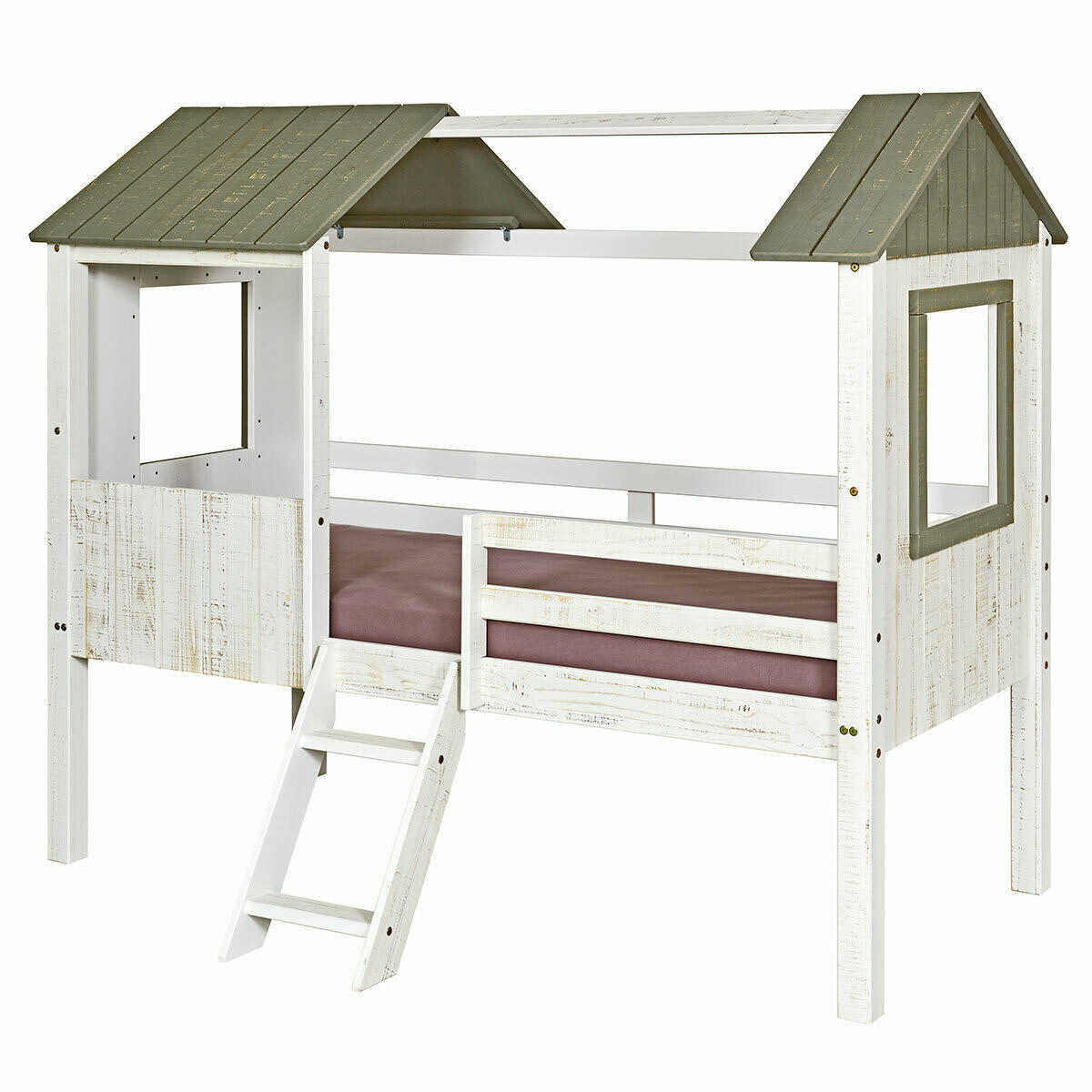 LAO - Lit cabane 90x190 cm bois massif blanc et gris anthracite