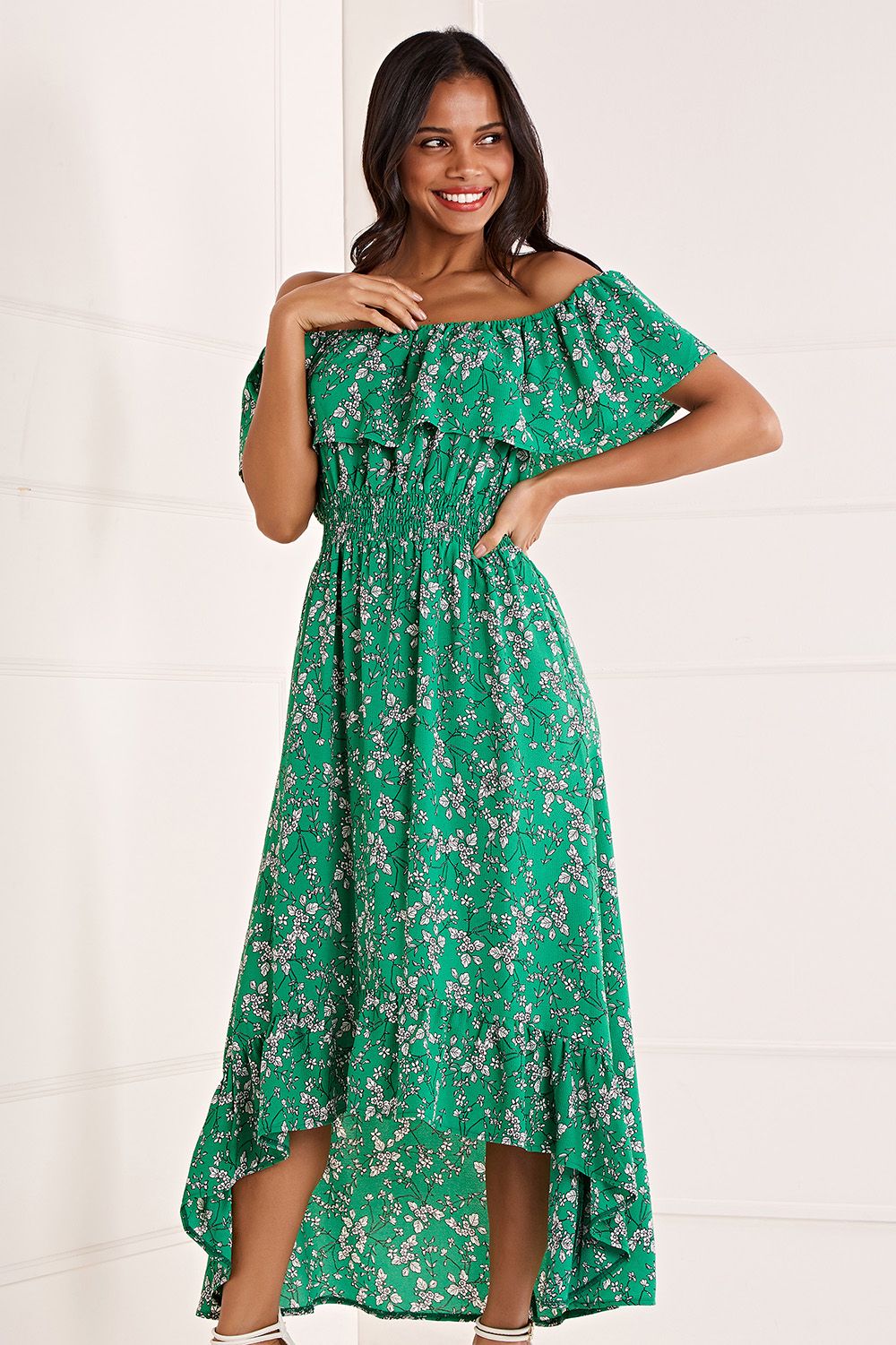 Yumi Green Floral Bardot Maxi Dress