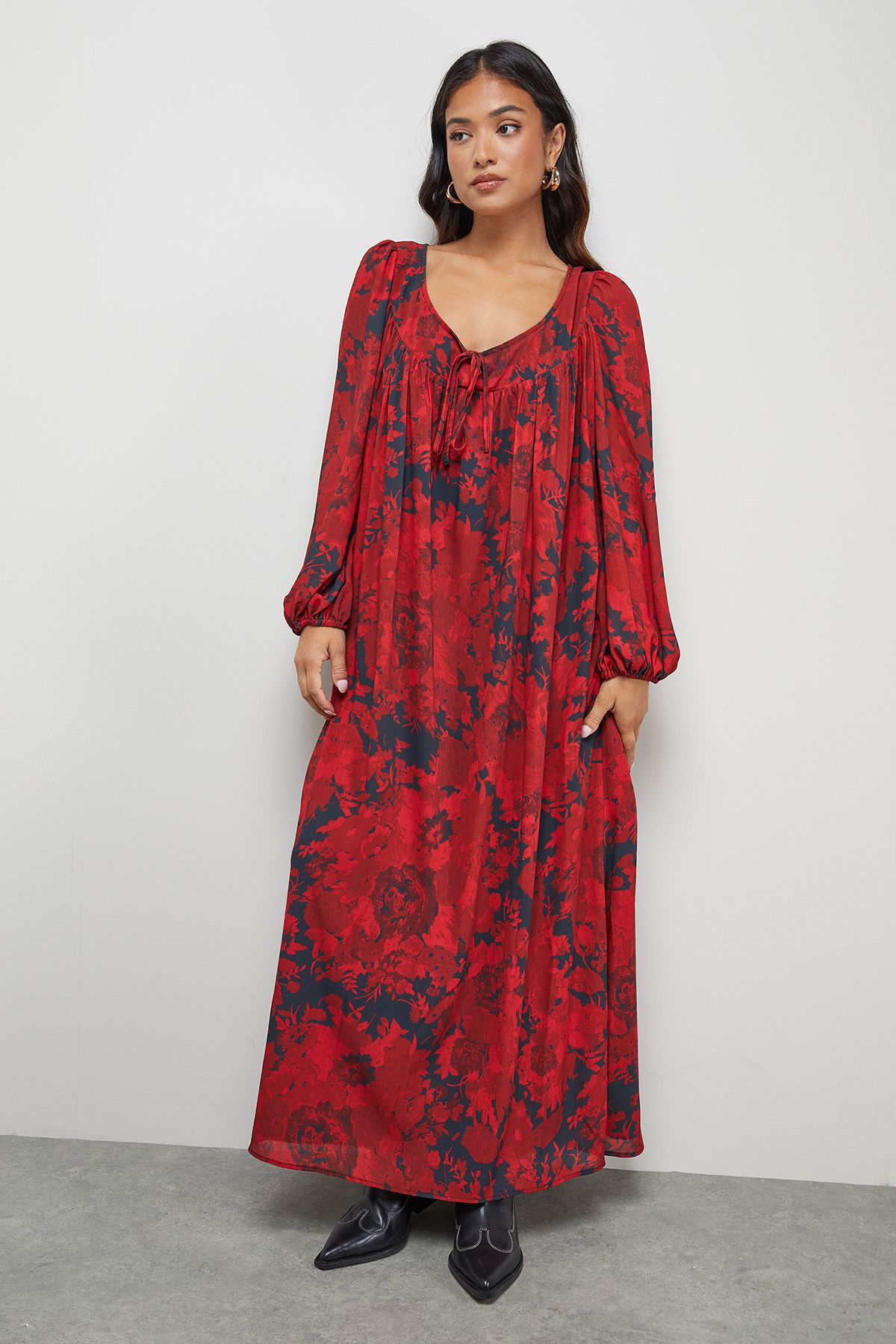 Warehouse Petite Chiffon Tie Front Volume Midi Smock Dress