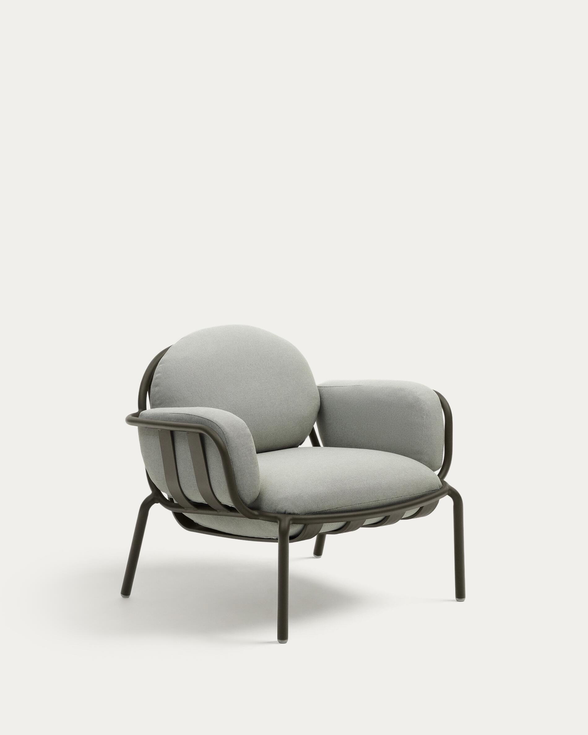 Joncols outdoor armchair in aluminium with green painted finish and grey cushions