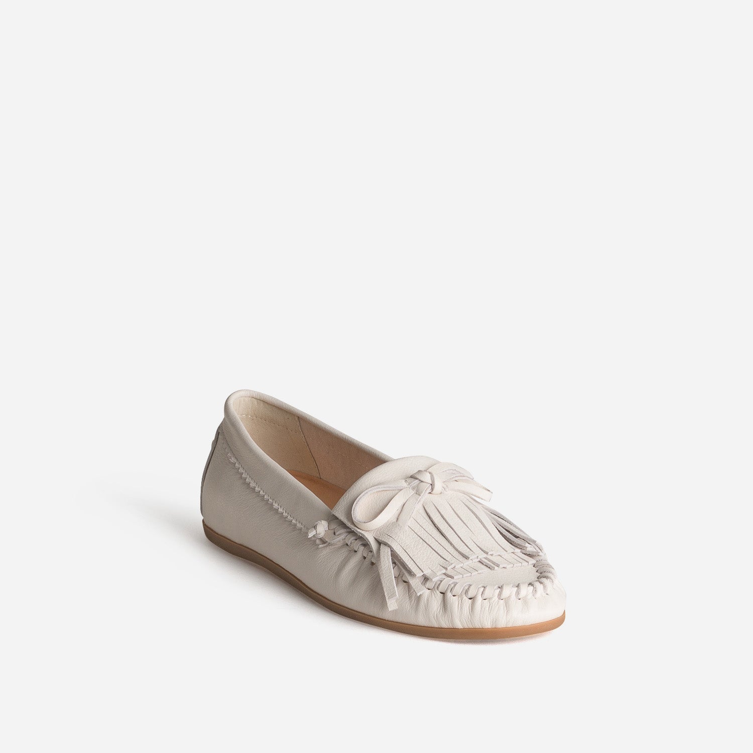 Mocassin écru cuir patte frangée