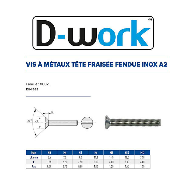 200 Vis Métaux Tête Fraisée Fendue 4 x 6 mm - DIN 963 - Inox A2 - D-Work