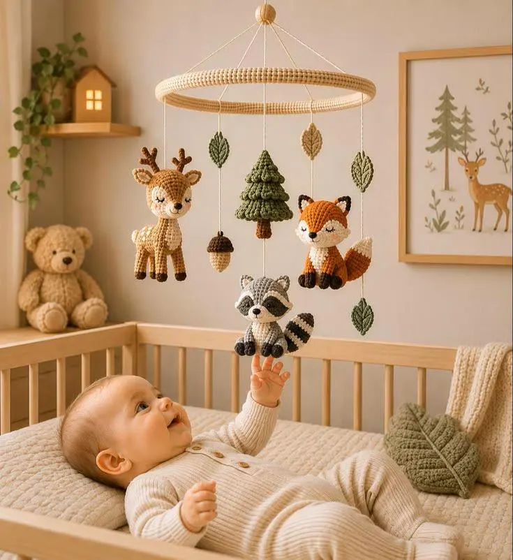 Handmade Crochet Woodland Baby Mobile, Fox Deer Raccoon Nursery Decor