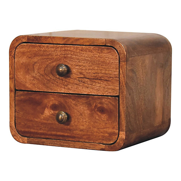 Artisan Furniture Bois massif Mini courbé miel caramel table de chevet à fixation murale, 2 tiroirs, marron