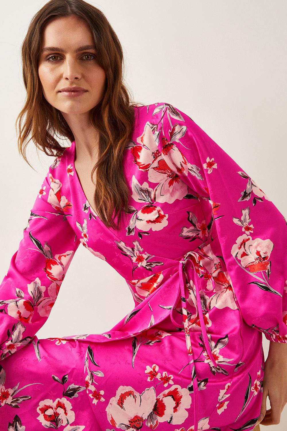 Monsoon Meredith Floral Midi Wrap Dress Pink