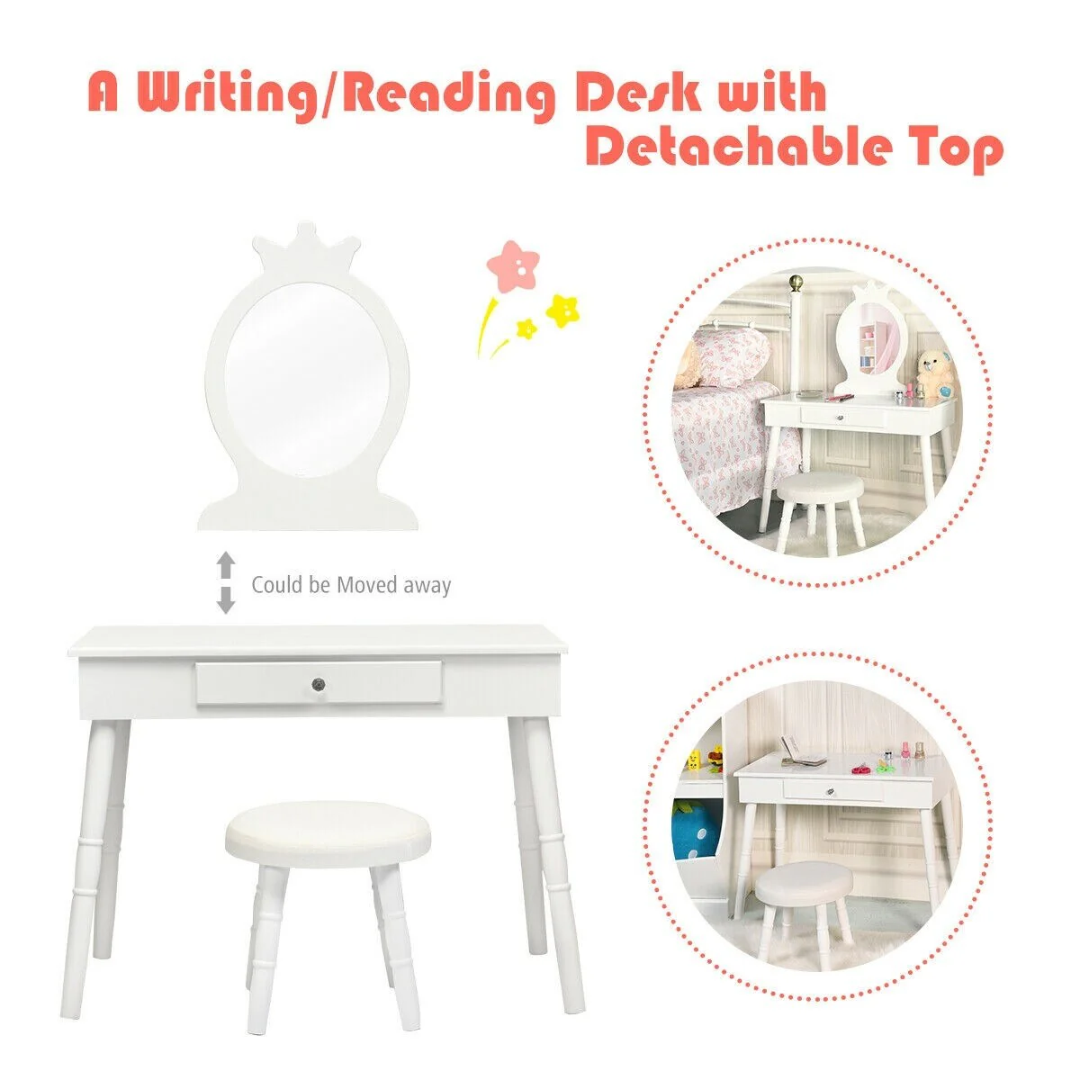 Young Princess Wooden Makeup Vanity Table Set with Padded Stool-White - 27.5 x 13.5 x 40(L x W x H)