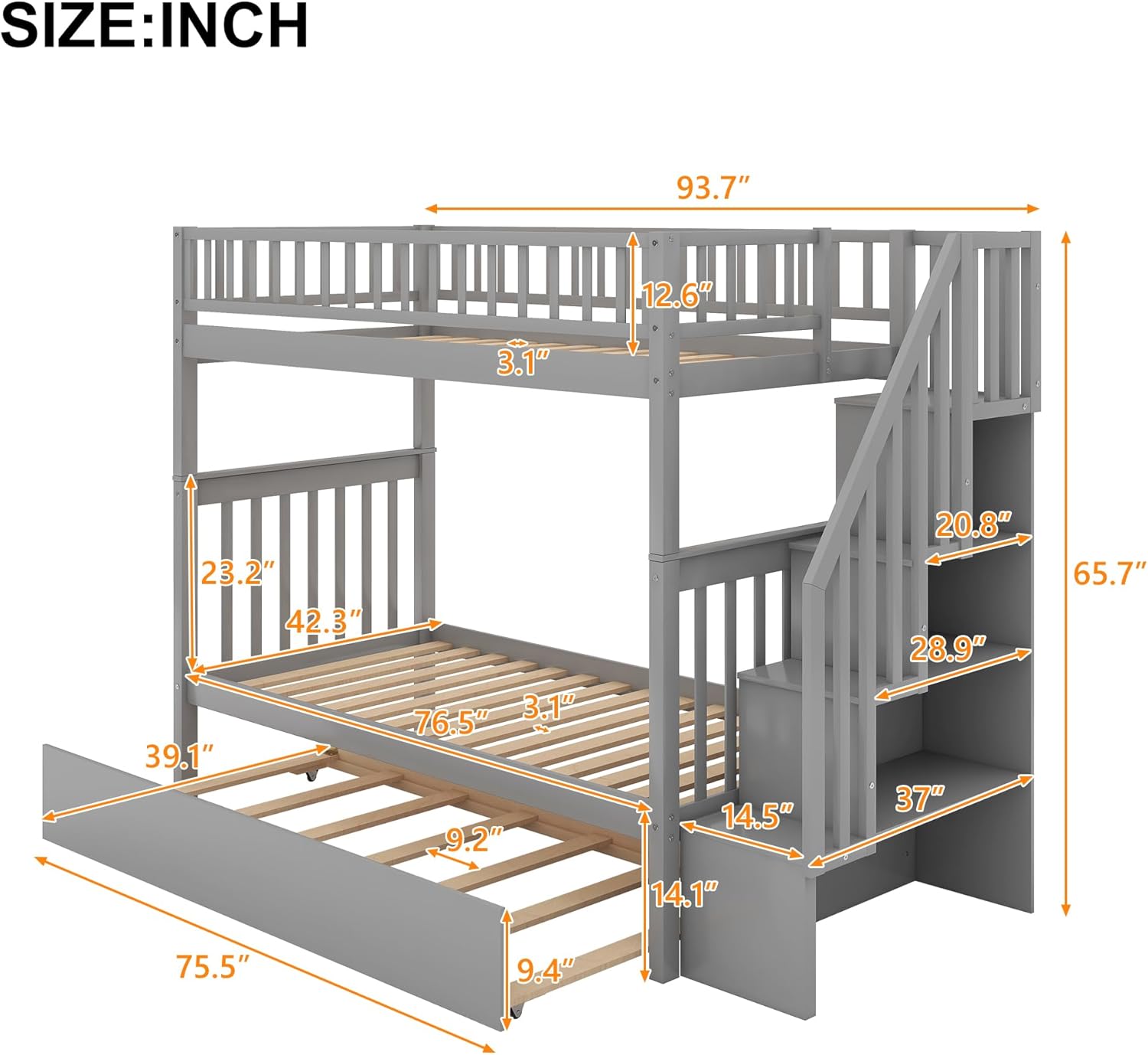 Merax Twin Over Twin Bunk Bed with Trundle, Storage Staircase and Full Length Guardrail, Solid Wood Stairway Bunk Bed, No Spring Box Needed (Grey)
