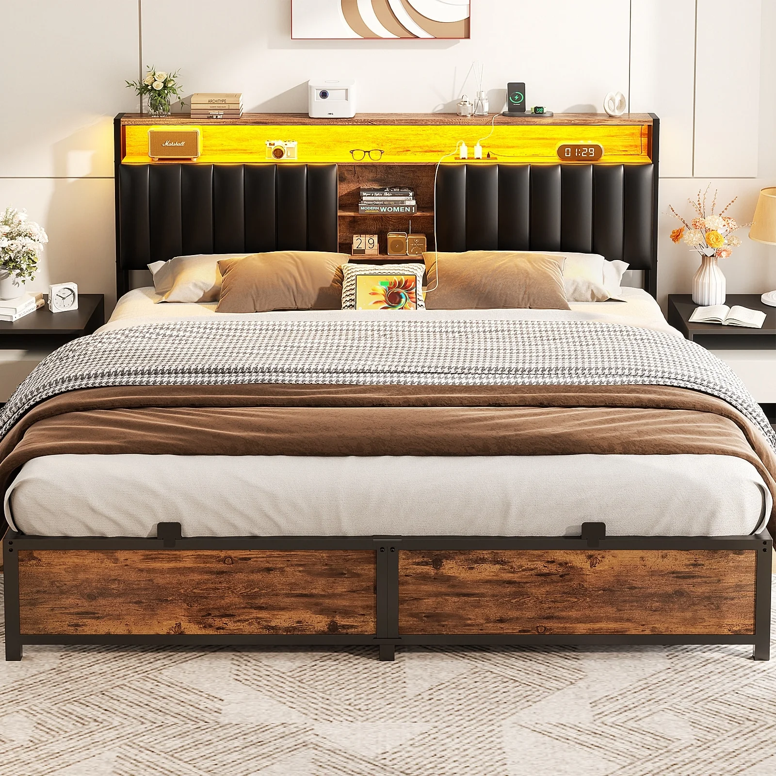 Upholstered Bed Frame with Storage Shelving, Platform Beds with Charge Station and LED Lights