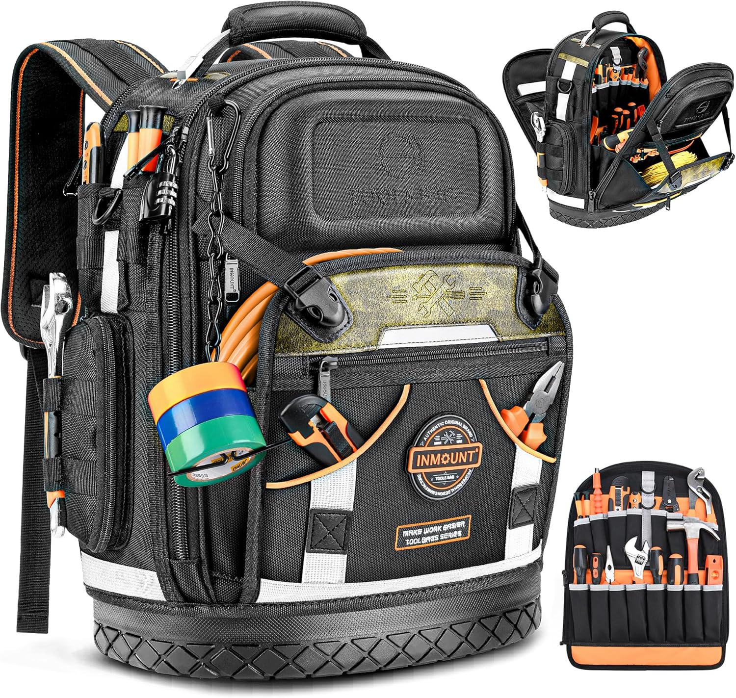 Tool Backpack Bag, HVAC Heavy Duty Construction Tools Backpack for Men, 1680D Professional Level Durable Tool Organizer, with Molded Base & Combination Lock, for Electricians & Home Repair-Version 3.0