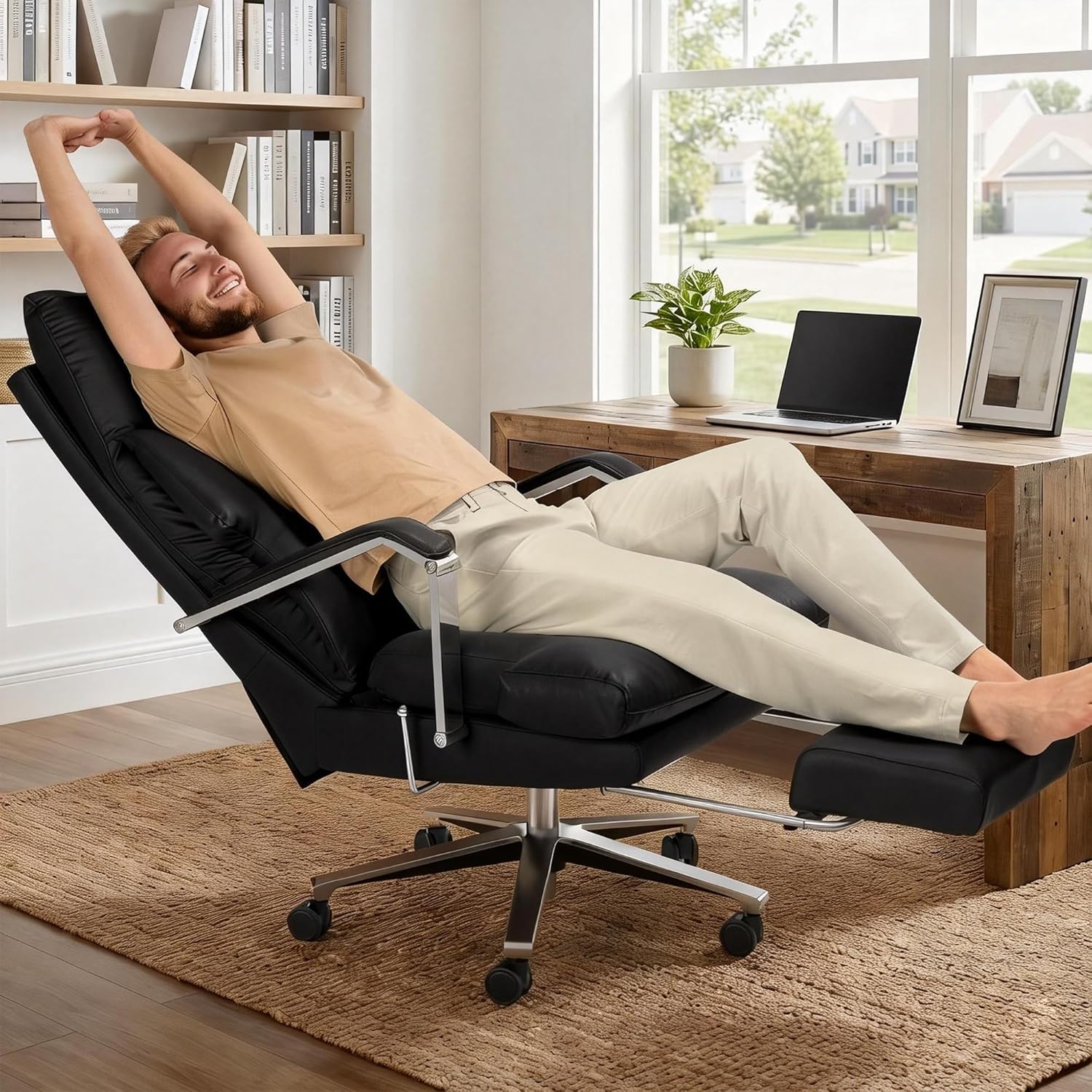 M76 160° Reclining Office Chair with Footrest, 10 Thick Cloud Cushion Executive Desk Chair, Extra Wide Cross-Legged Ergonomic Chair for Big and Tall, Adjustable Seat Depth, Easy Assembly, Black