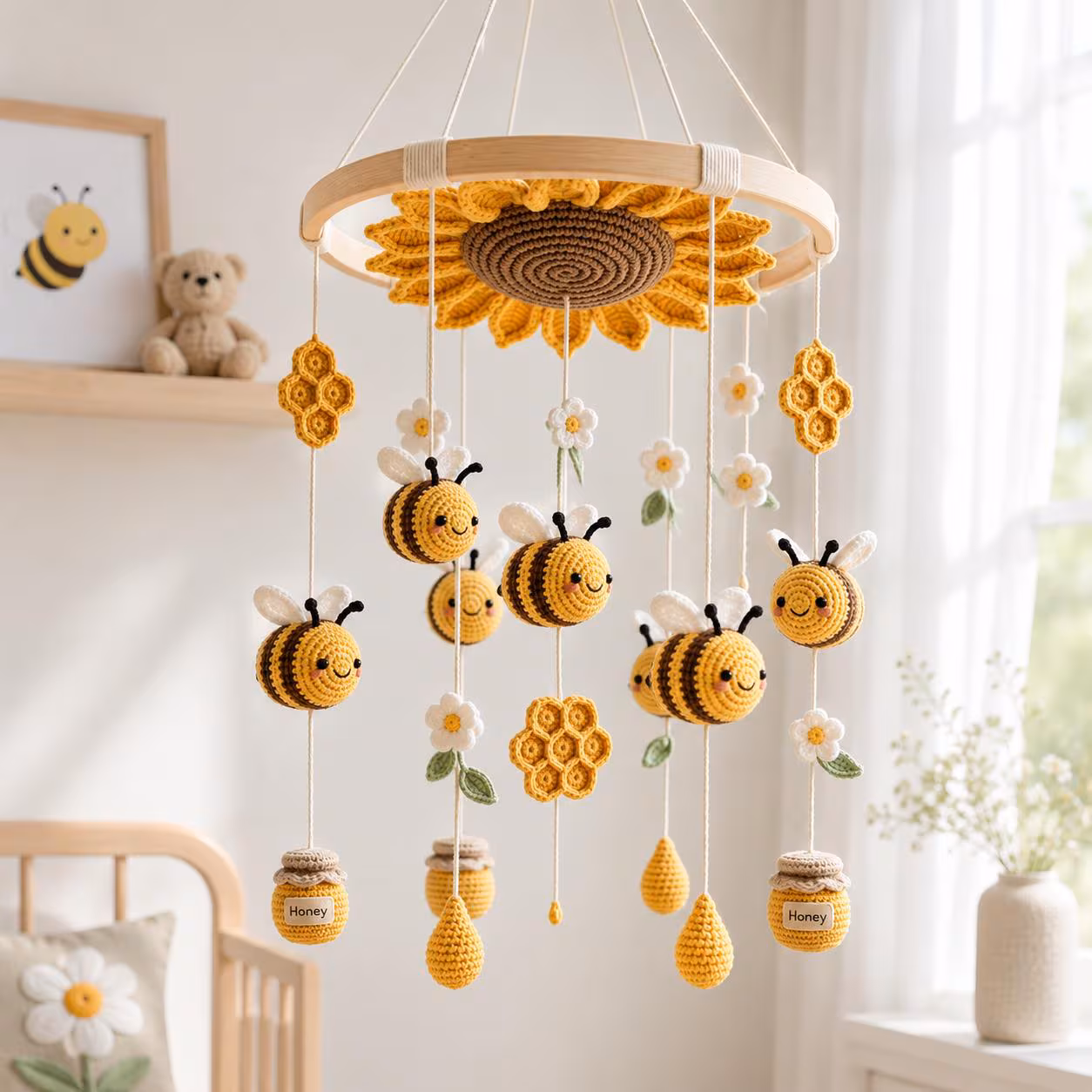 Crochet Bee Baby Mobile, Sunflower Nursery Mobile, Honey Bee Crib Mobile, Daisy Baby Mobile, Handmade Baby Shower Gift Decor