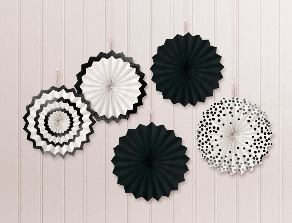 Mini Black Patterned Paper Fan Decorations, 5-ct