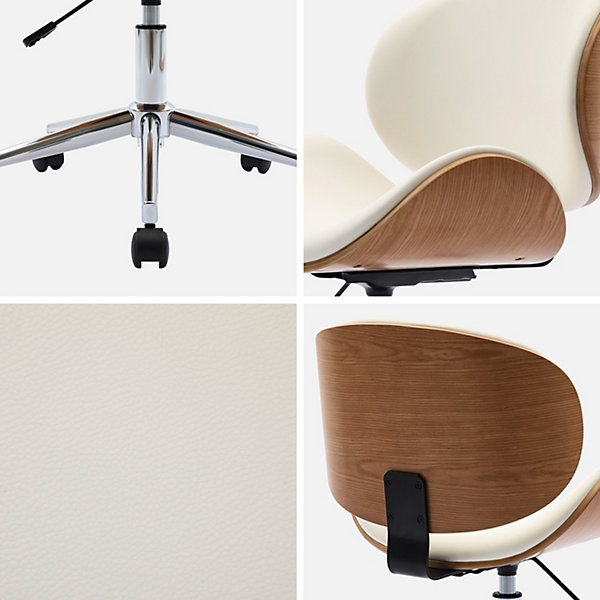 Chaise de bureau à roulettes bois courbé avec placage effet chêne et assise blanche