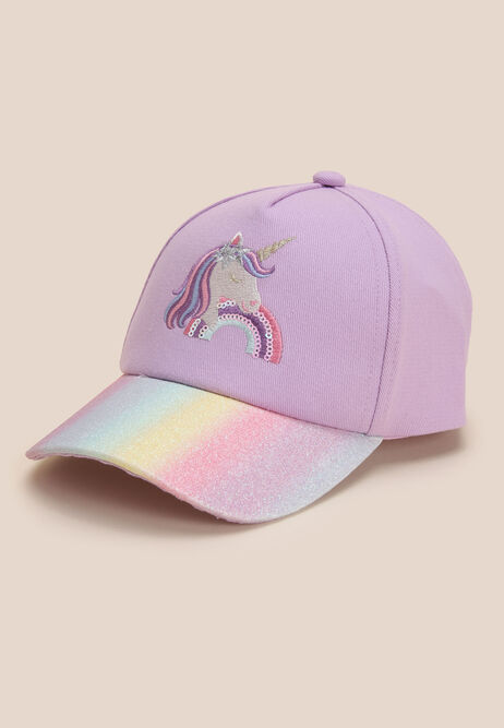 Younger Girls Purple Unicorn Glitter Baseball Cap