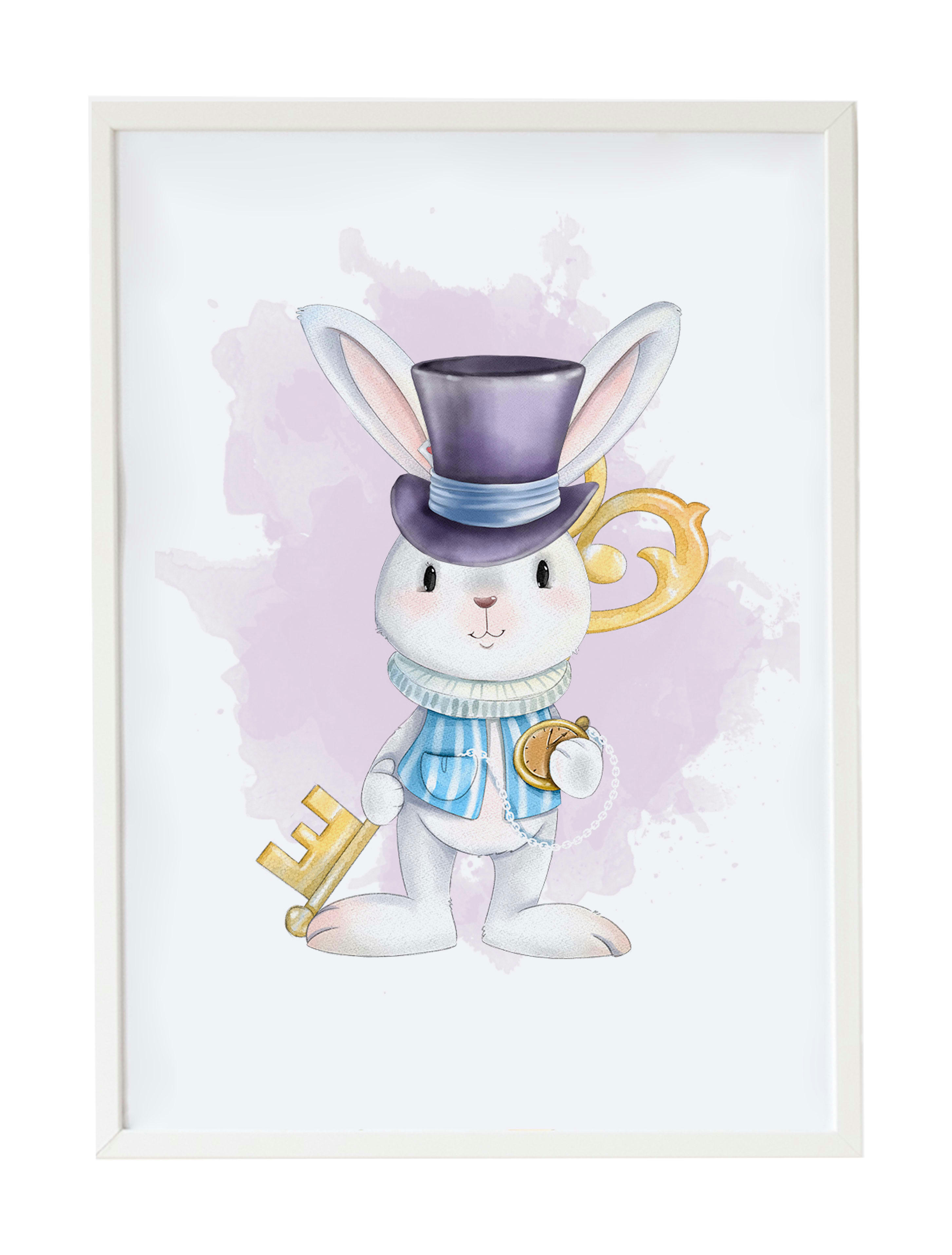DECOWALL - Impression le lapin clé encadrée en bois blanc 43X33 cm