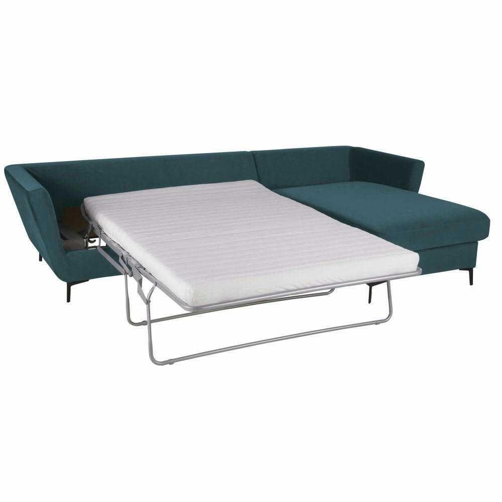 Prague - Canapé d'angle droit convertible 2/3 places en velours bleu paon, matelas 10 cm