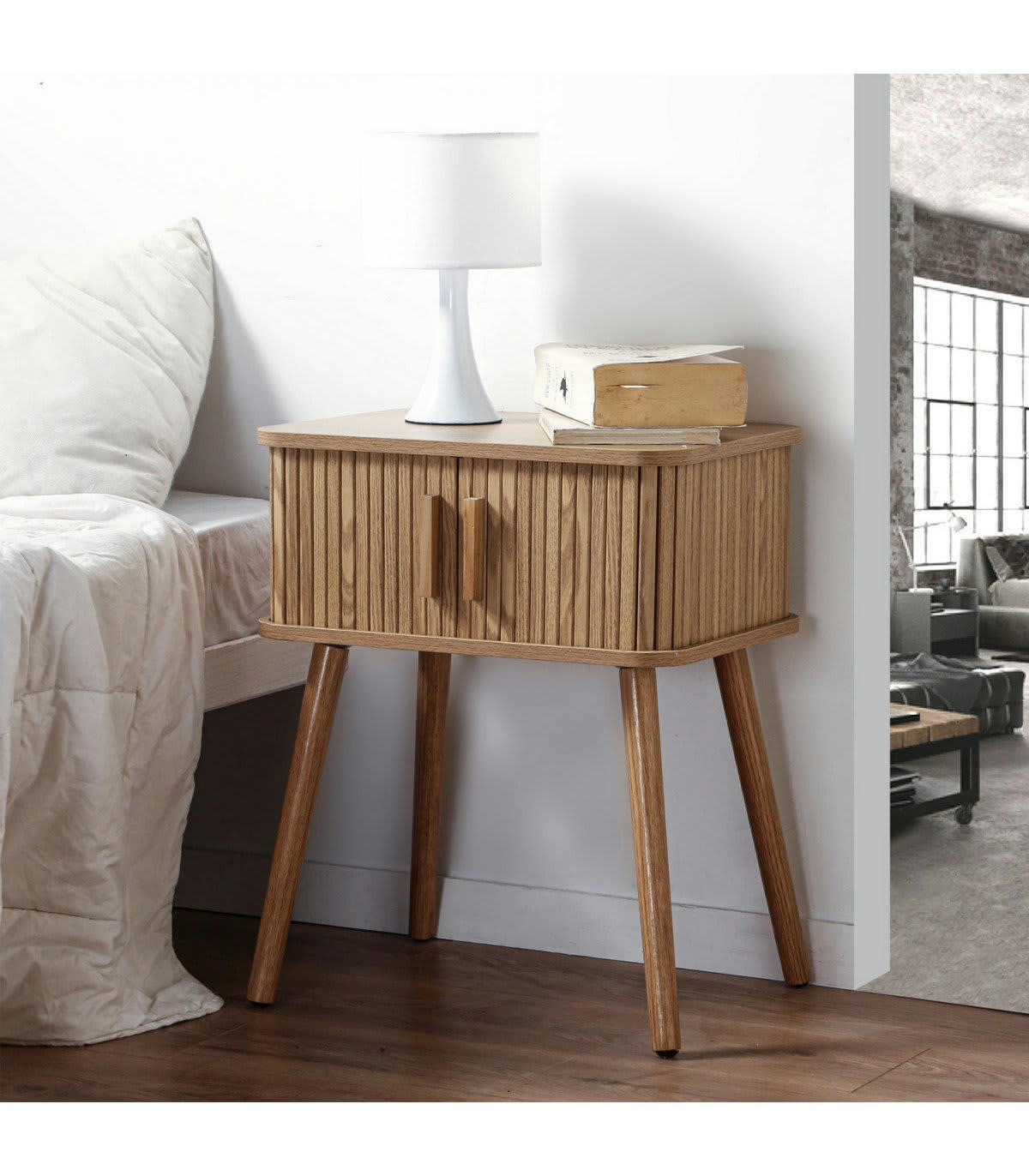 ERNEST - Table de Chevet Vintage Décor Bois 2 Portes Coulissantes - H58.5 cm