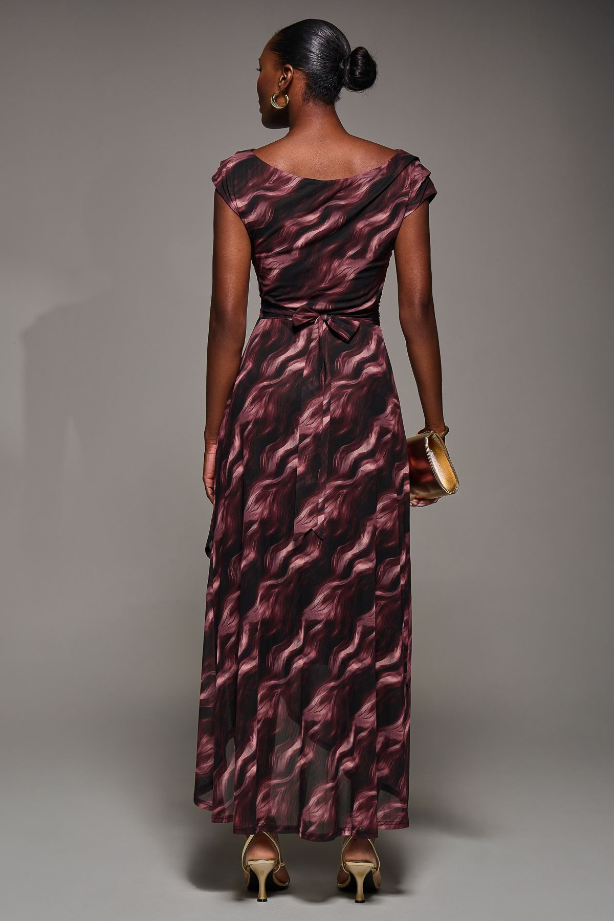 Jolie Moi Asymmetric Draped Mesh Maxi Dress