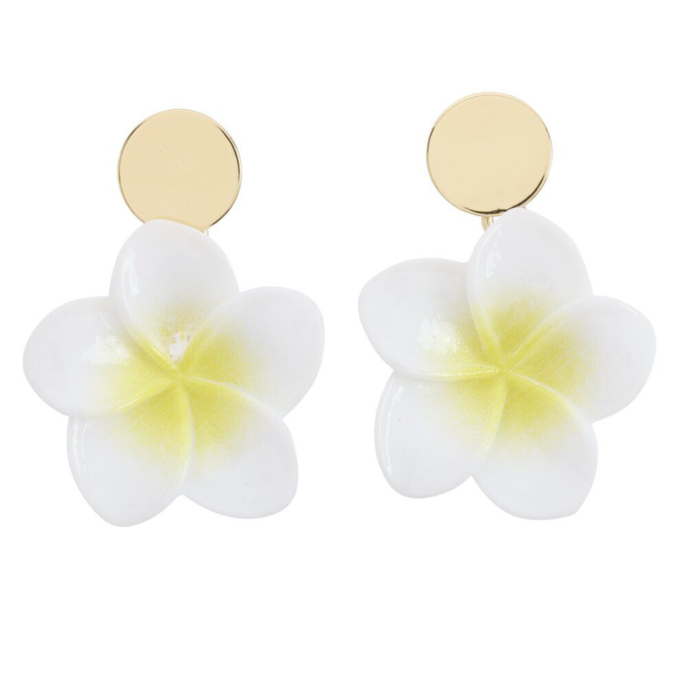 Boucles d'oreilles fleur de tiaré blanche et jaune bouton métal doré L5cm
