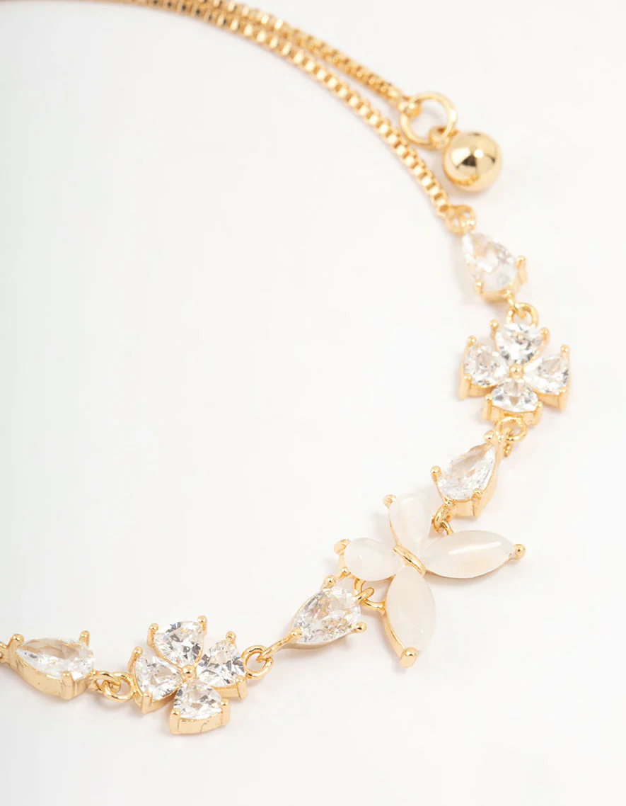 Gold Plated Cubic Zirconia Butterfly & Flower Toggle Bracelet