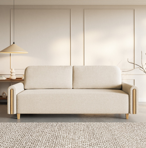 Sofa MODERN z funkcją spania - jasny beż  drewno buk