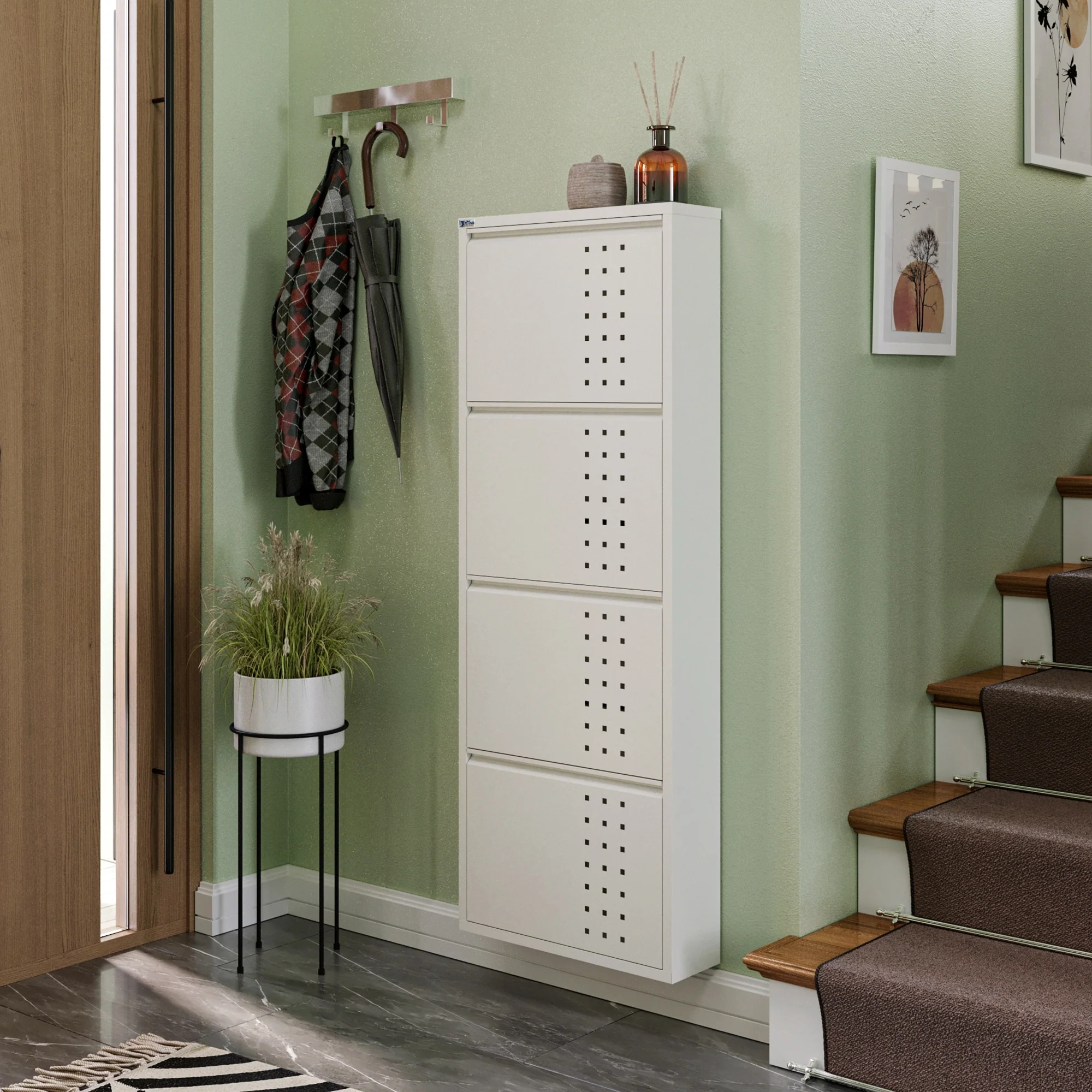 Antibacterial 4 Tier metal shoe cabinet front holes