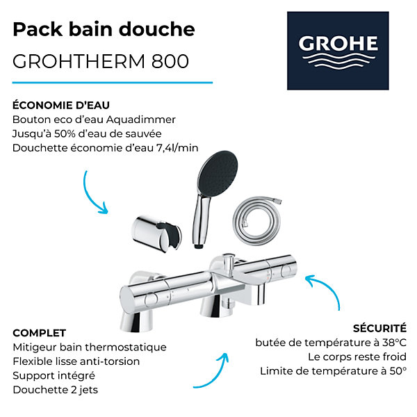 Pack mitigeur bain douche thermostatique GROHE Grohtherm 800 cosmopolitan   douchette ronde2 jets   flexible   support