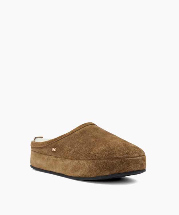 Warming Khaki - Suede-Faux Shearling Flatform Slippers