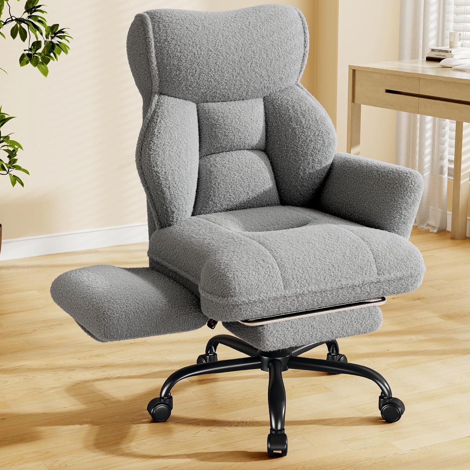 Big and Tall Office Chair with Adjustable Arms and Back, Ergonomic Office Chair with Footrest and Comfortable Fabric for Home Office, Bedroom,Grey
