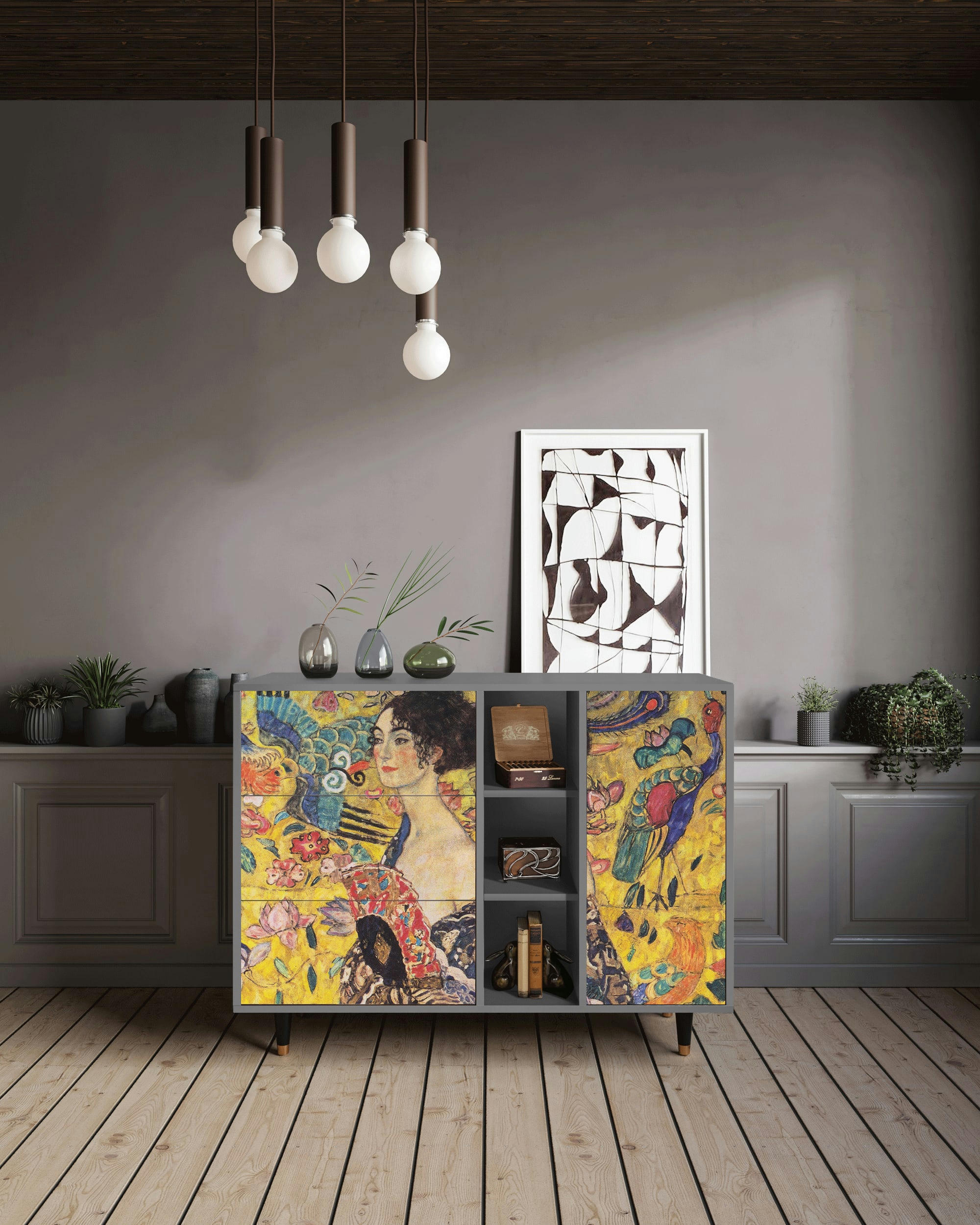 LADY WITH FAN BY GUSTAV KLIMT - Buffet  jaune 3 tiroirs et 1 porte L 125 cm