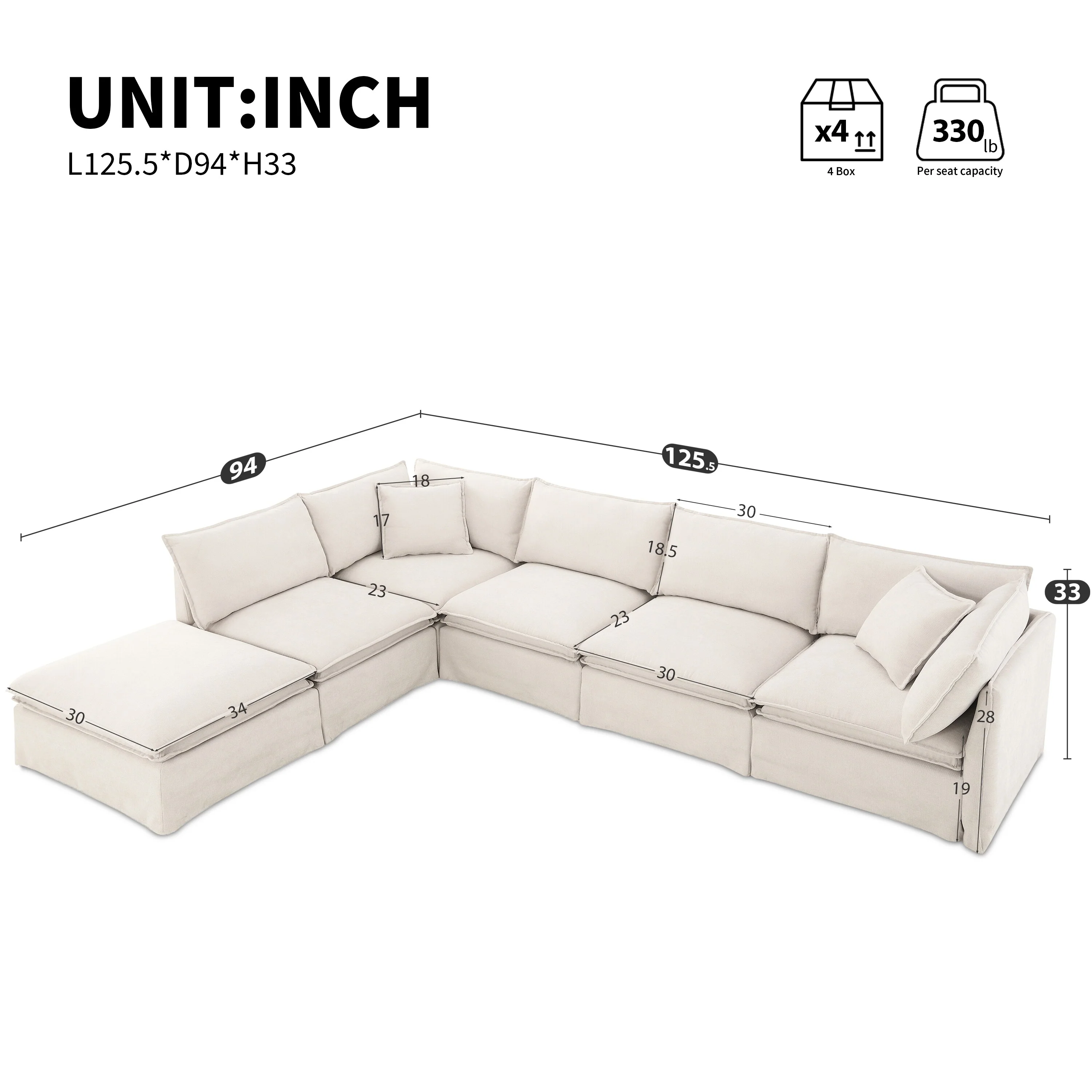 125.5 Modular Sectional Sofa with Movable Ottoman,6-seat L pholstered Indoor Furniture, Wide Seat