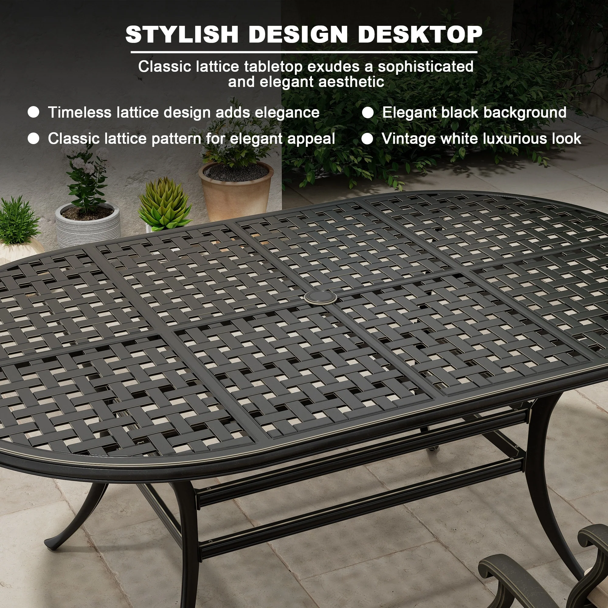 72 Outdoor Dining Table Cast Aluminum Classic Lattice Elliptical Shape Patio Table with Umbrella Hole