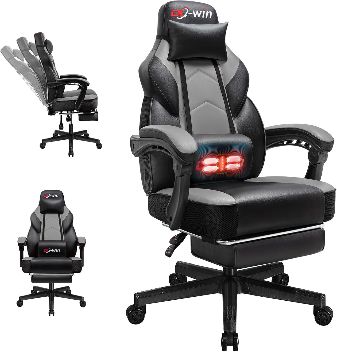 DL-win Gaming Chairs for Adults, Computer Chair with Footrest and High Back, Big and Tall Gamer Chair's with Massage Lumbar Support, 360° Swivel Height Adjustable Gaming Chair, Grey