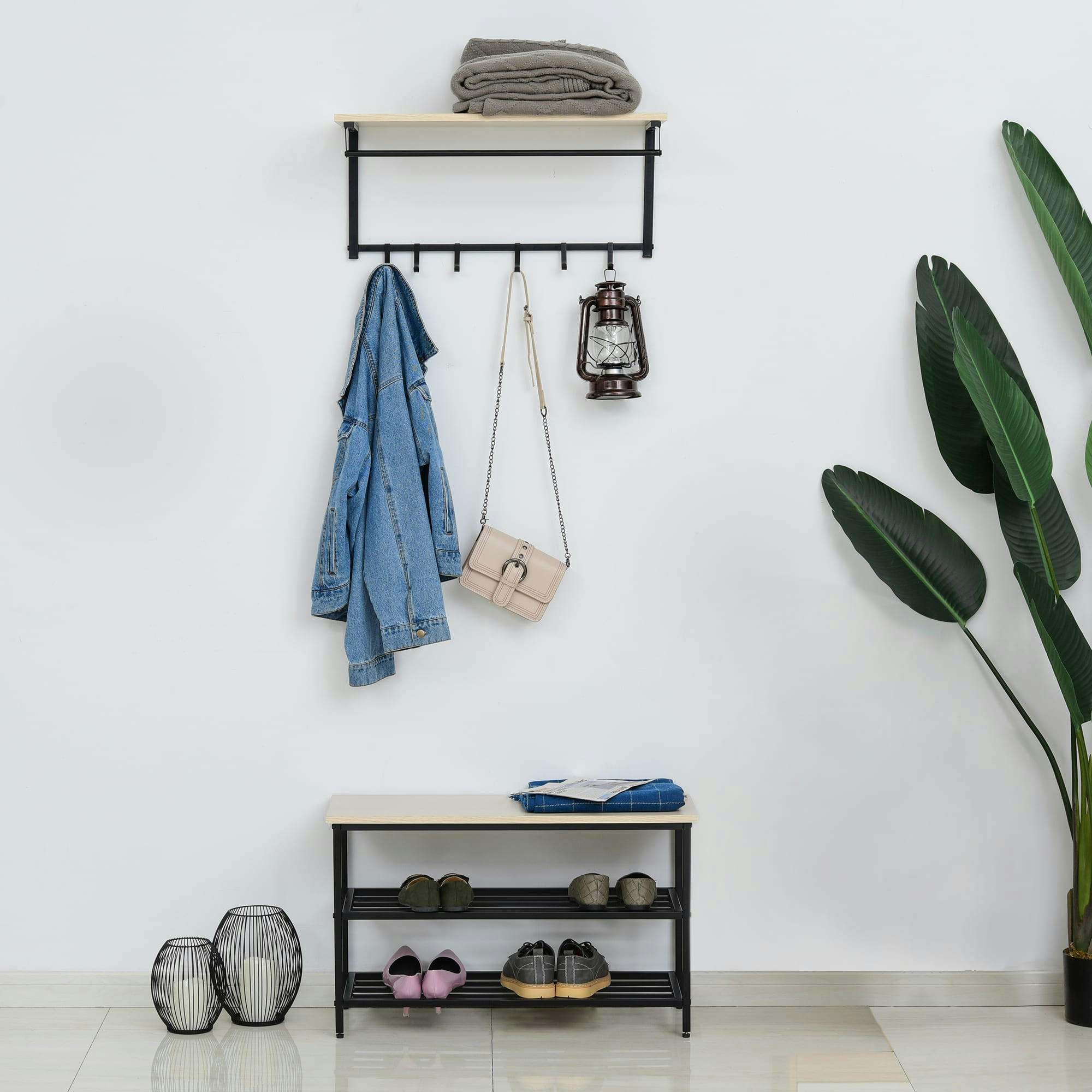 - Porte-manteau mural banc à chaussures gris noir