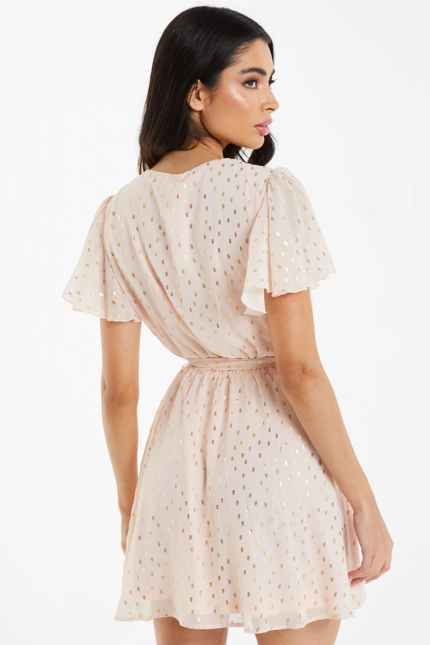 Quiz Blush Pink Foil Chiffon Skater Dress