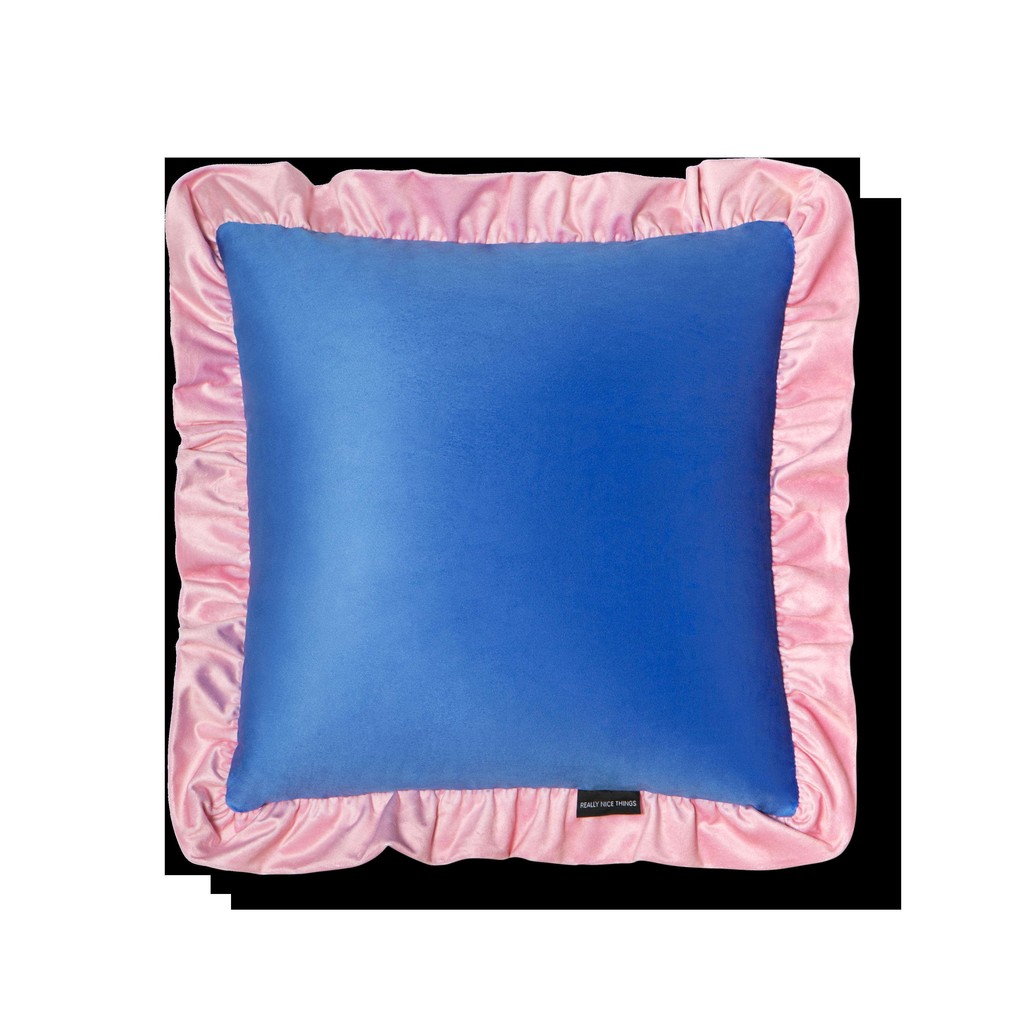 RUFFLE - Coussin en velours avec volant plissé, rose et bleu