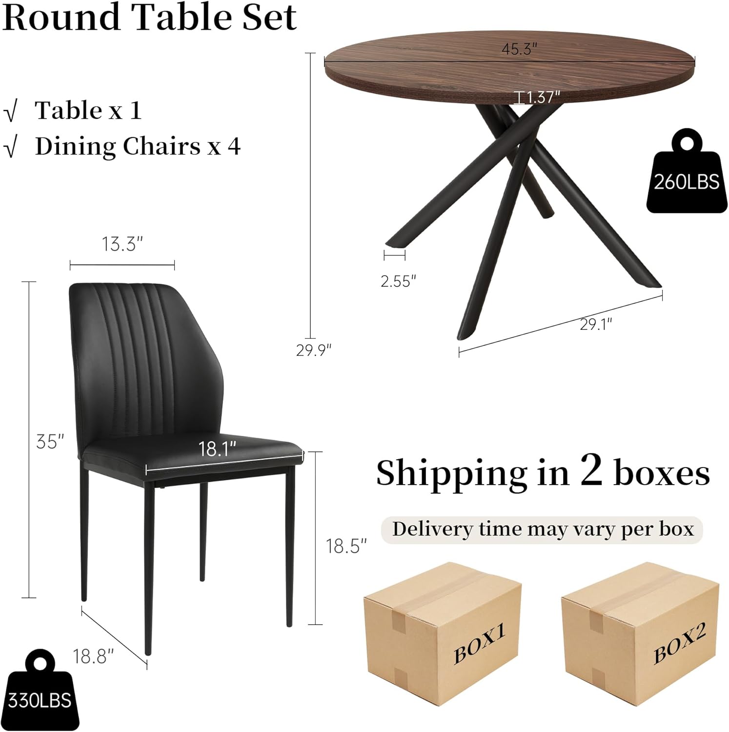 45.3'' Walnut Round Dining Table Set for 4, Mid Century Modern Small Coffee Set for Dining Room Kitchen Apartment (Dark Walnut Table + 4 Black Chairs)