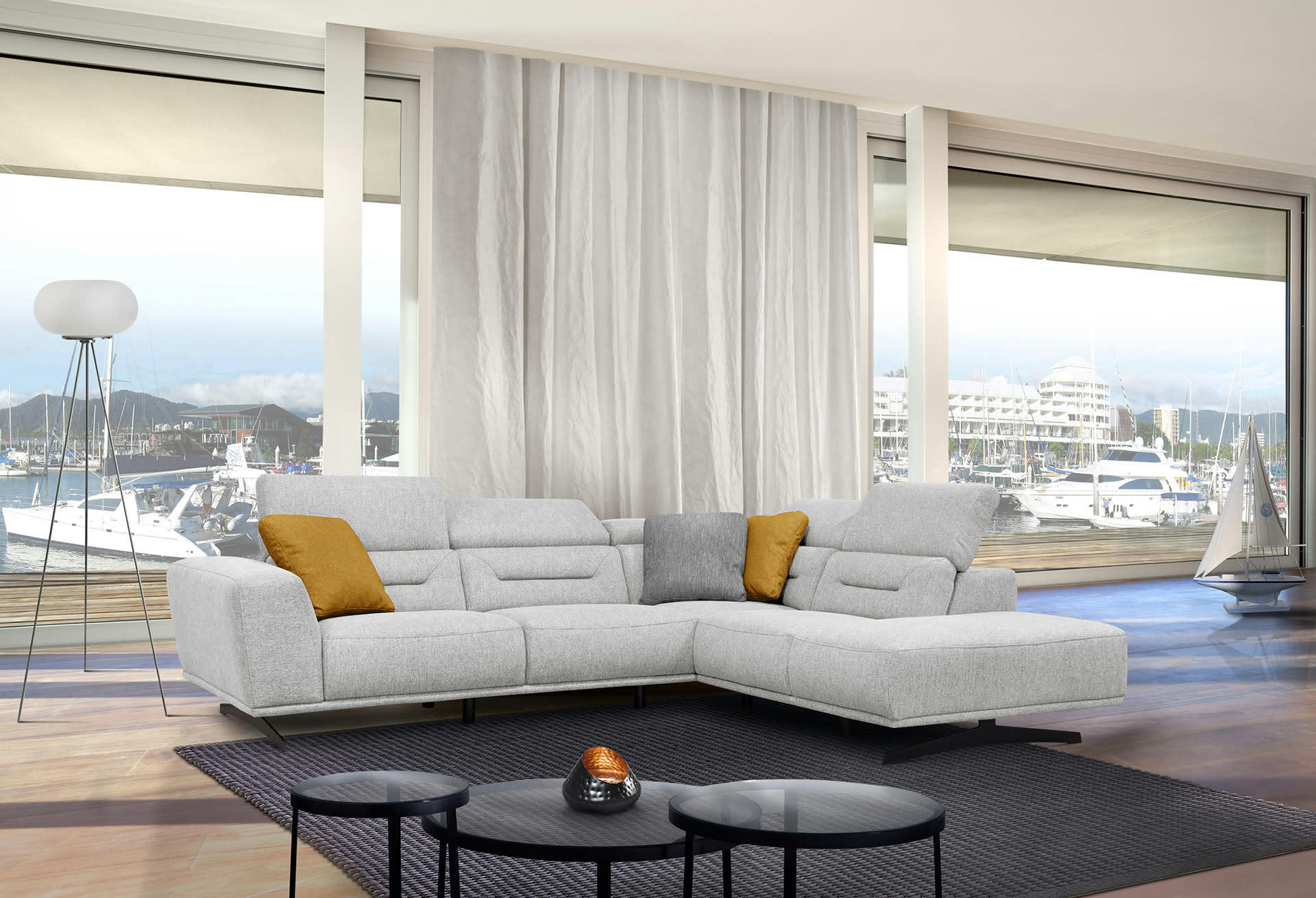 LUCANO - Canapé d'angle droit 5 places tissu gris clair