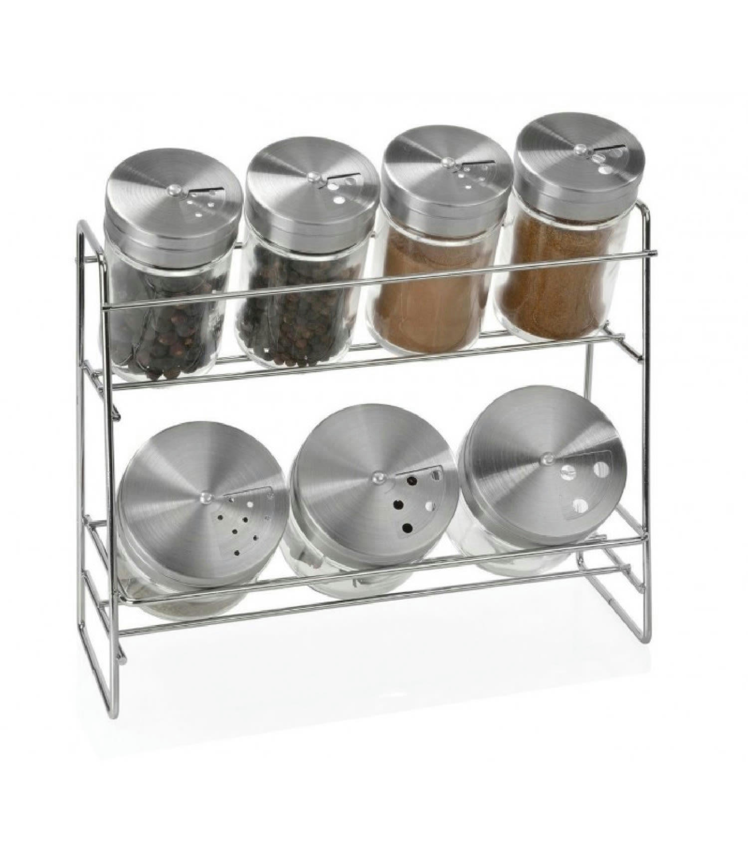 - Étagère à épices en métal + 7 pots à épices en verre