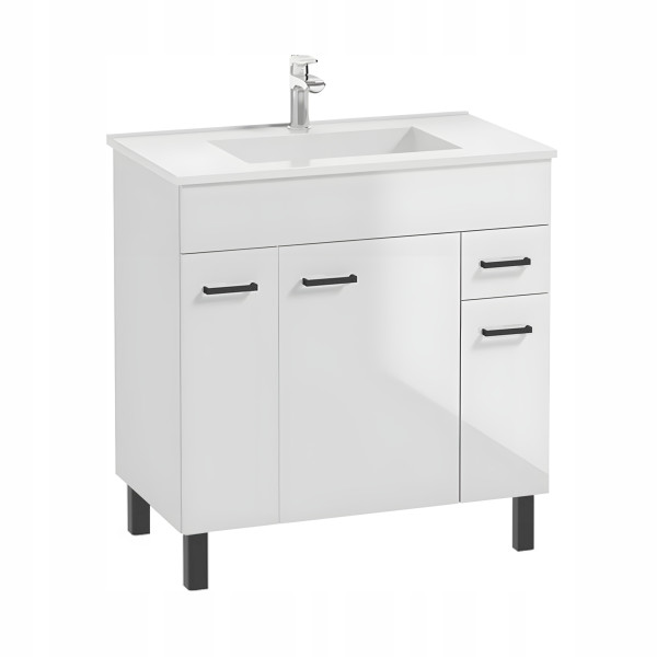 Szafka Biała Łazienkowa z Umywalką 80 x 47 cm Stojąca Połysk Bateria Wysoka
