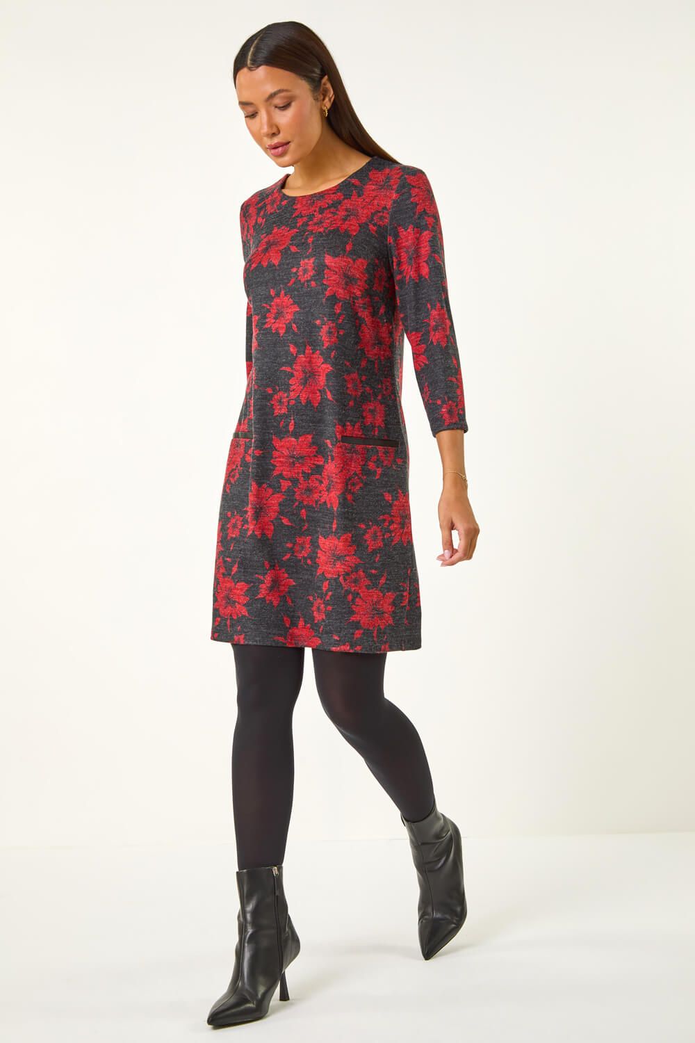 Roman Floral Print Pocket Shift Stretch Dress