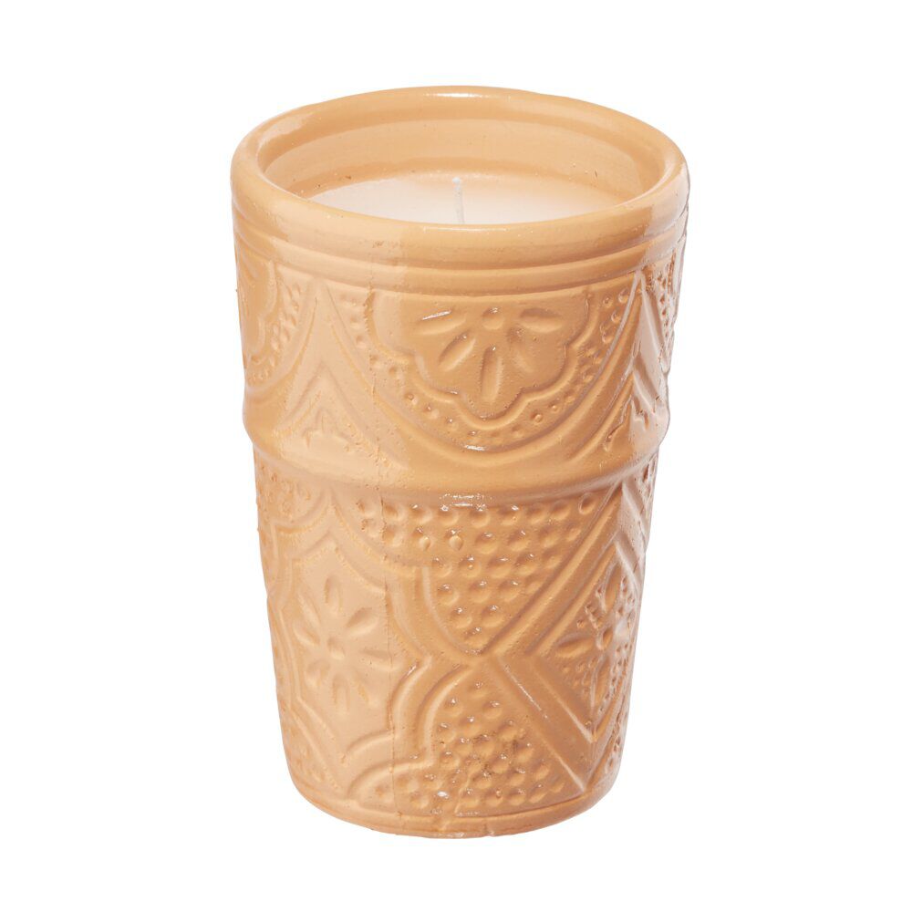 Bougie dans pot céramique 23H motif Beldi Ø7xH10cm (3 modèles)