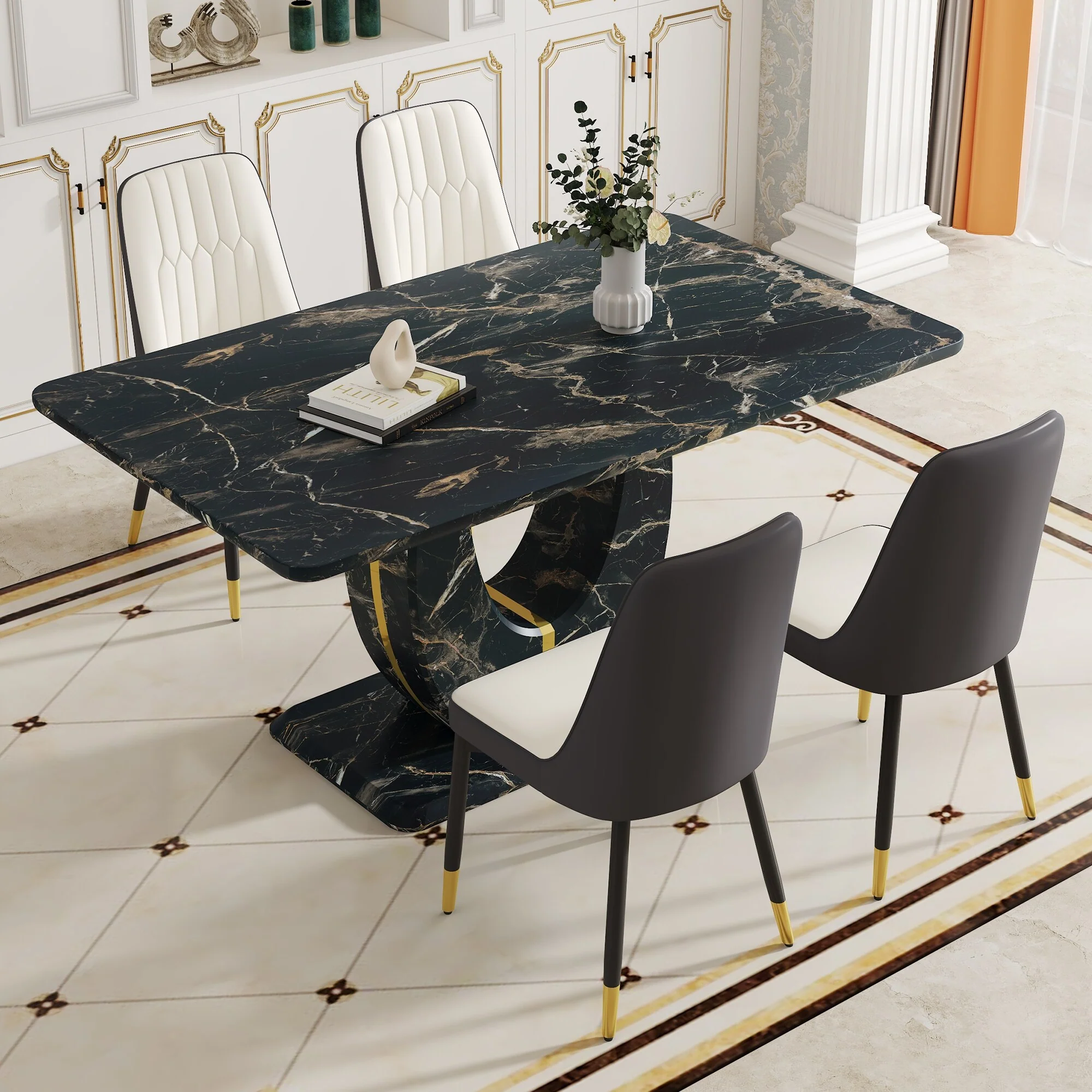 Modern Style Faux Marble Dining Table Set with U-Shaped Base and PU Spliced Upholstered Chairs