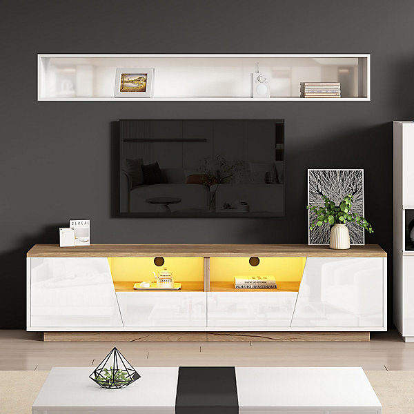 Meuble TV 180x40x46cm avec LED, 2 tiroirs, 2 armoires, blanc et bois, adapté TV jusqu'à 75 pouces