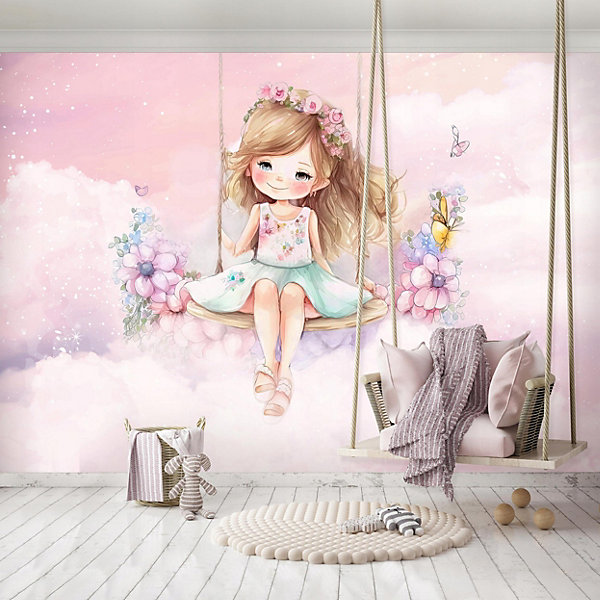 Papier Peint Enfant Ballerine Nuages Rose Intissé Panoramique 350x250 cm - Colle Inclus - Chambre Enfant - Moderne Papier Peint