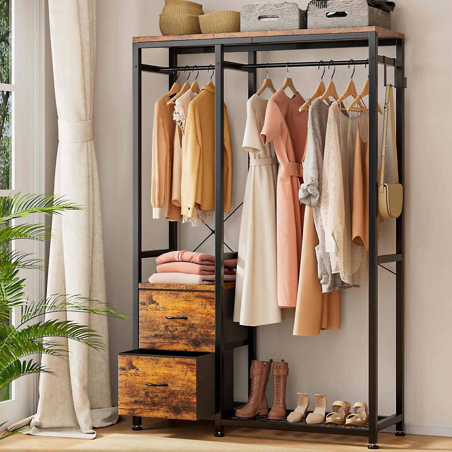 Clothes Rack, Closet Organizer with Storage Shelves, Hanging Bar, Drawers - 47.24L x 15.74W x 72.83H