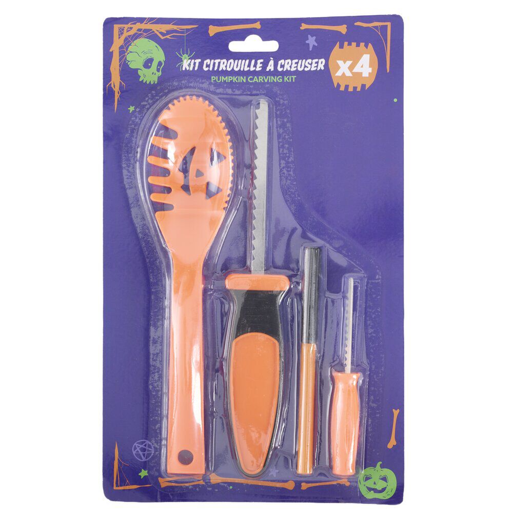Kit outil de sculpture pour citrouille x4 plastique orange et fer