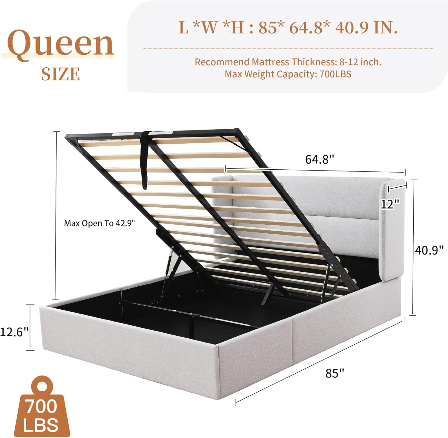 Queen Size Upholstered Platform Bed with Hydraulic, Bed Frame with Storage, Lift Up Storage Bed with Modern Linen Fabric Wingback, Wooden Slat, No Box Spring Needed, Easy Assembly, Off White